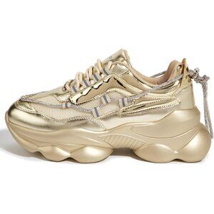 Women's Gold 90s Chunky Sneakers Sparkly Bling Rhinestone Rope Platform Shoes